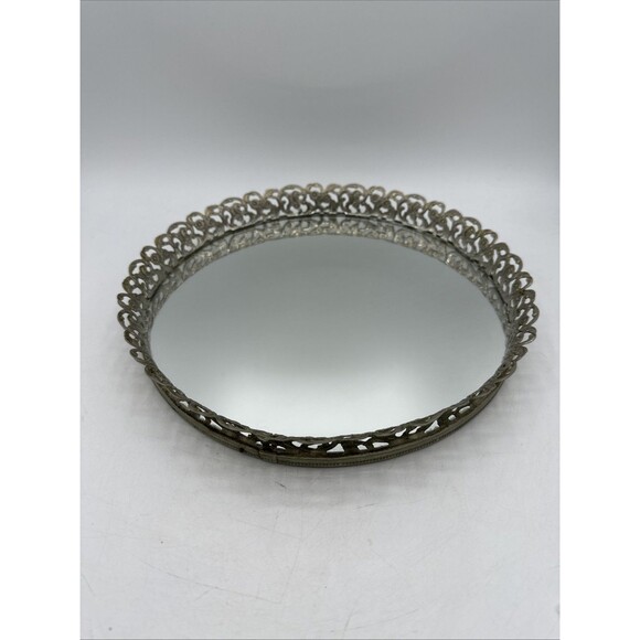 Vanity Mirrored Tray Gold Filigree Round Dresser Perfume Makeup Mirror 10 Inches - Picture 2 of 11